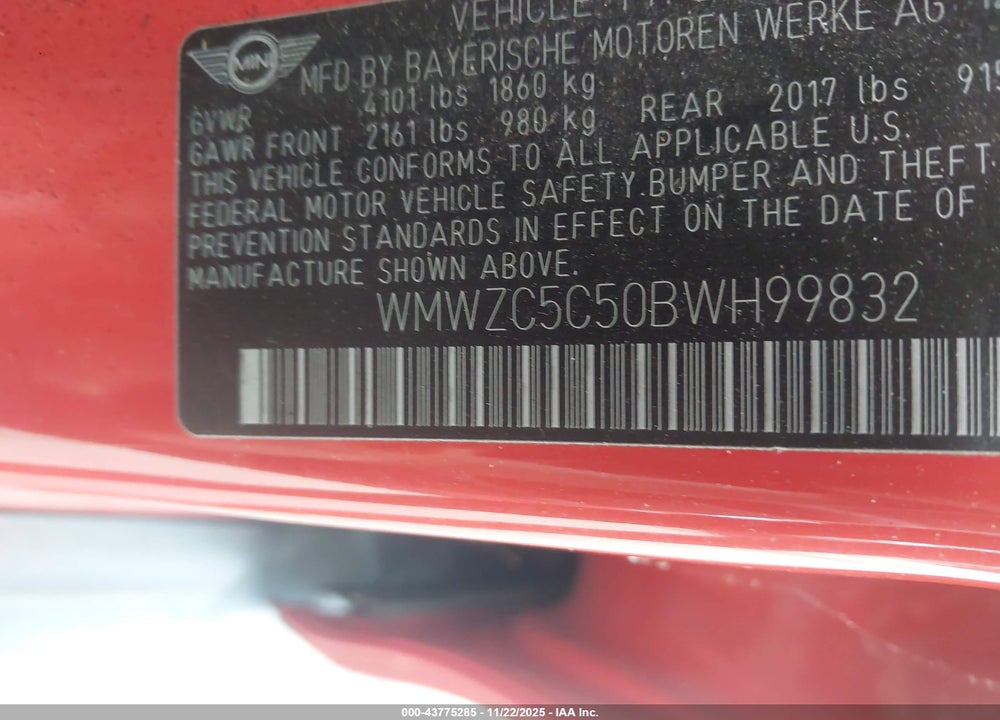2011 MINI COOPER S COUNTRYMAN VIN: WMWZC5C50BWH99832