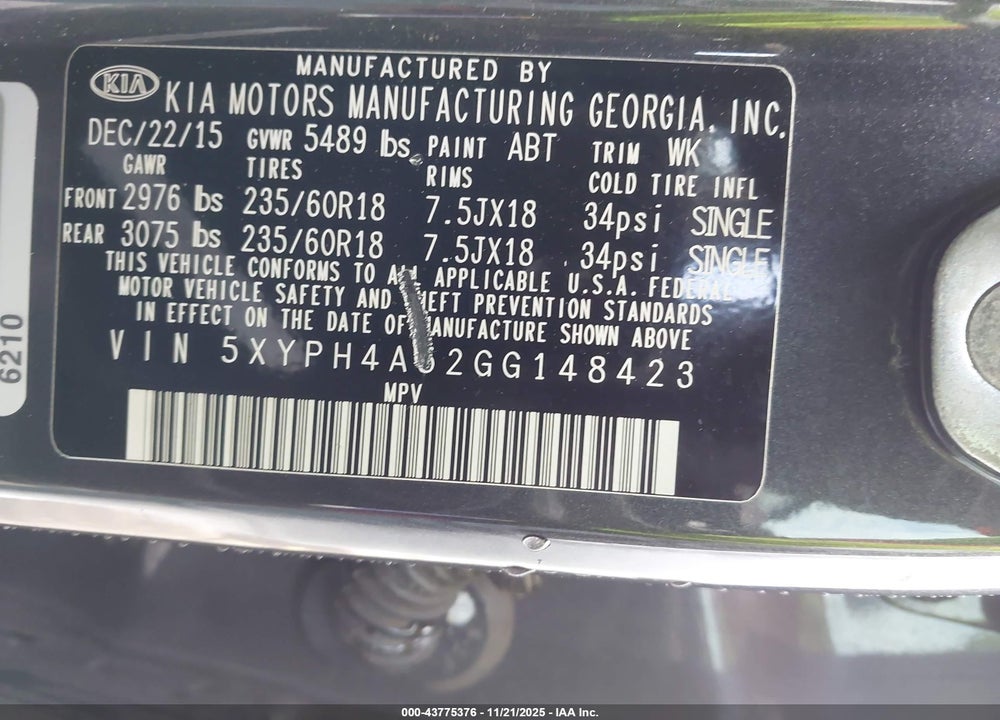 2016 KIA SORENTO 3.3L EX VIN: 5XYPH4A52GG148423