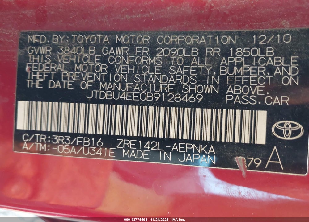 2011 TOYOTA COROLLA LE VIN: JTDBU4EE0B9128469