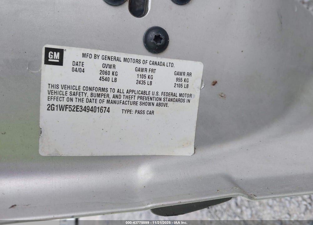 2004 CHEVROLET IMPALA VIN: 2G1WF52E349401674