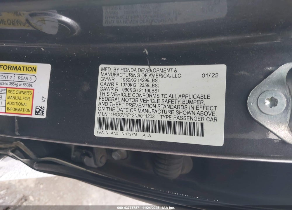 2022 HONDA ACCORD LX VIN: 1HGCV1F12NA011203