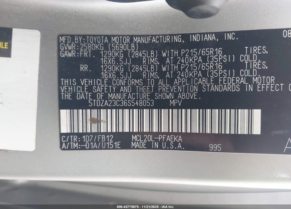 2006 TOYOTA SIENNA CE VIN: 5TDZA23C36S548053