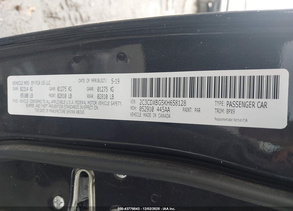 2019 DODGE CHARGER SXT RWD VIN: 2C3CDXBG5KH658128