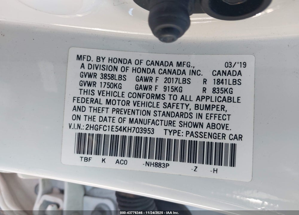 2019 HONDA CIVIC SI VIN: 2HGFC1E54KH703953