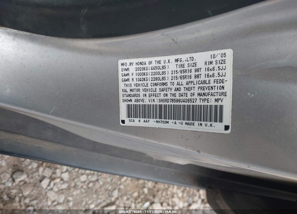 2006 HONDA CR-V LX VIN: SHSRD78596U406527