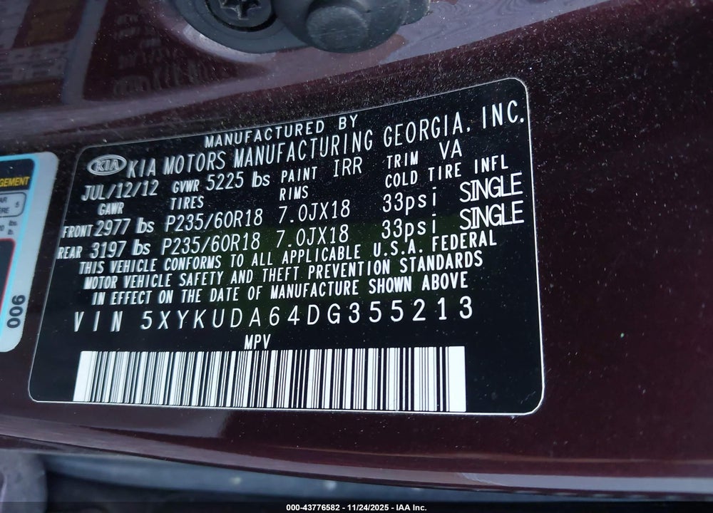 2013 KIA SORENTO EX VIN: 5XYKUDA64DG355213
