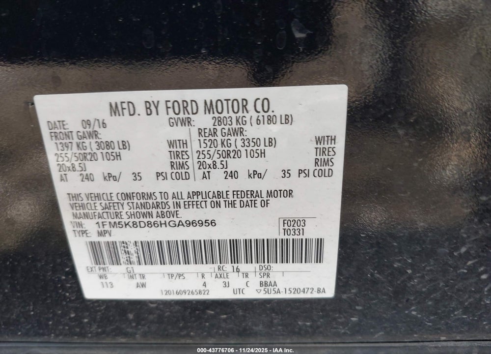 2017 FORD EXPLORER XLT VIN: 1FM5K8D86HGA96956