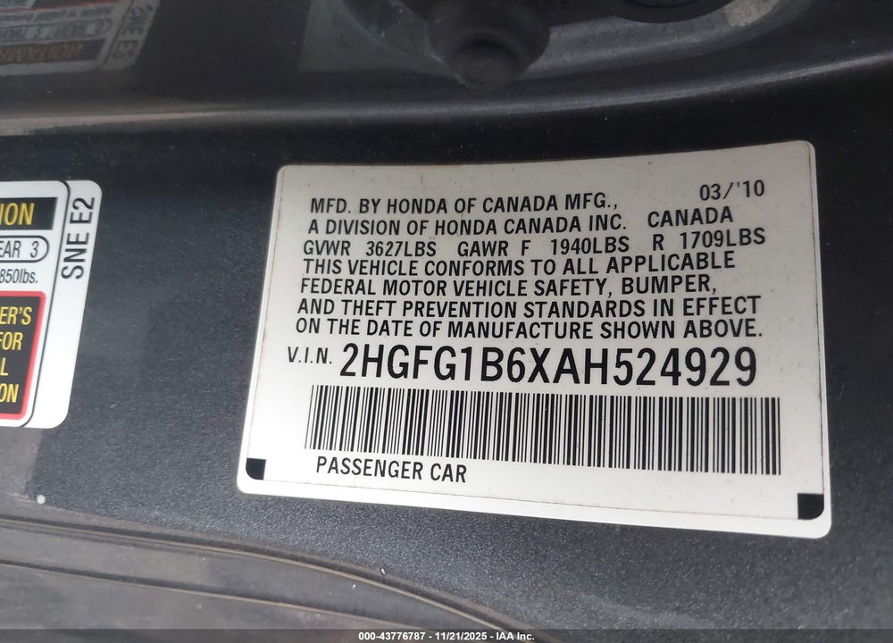2010 HONDA CIVIC LX VIN: 2HGFG1B6XAH524929