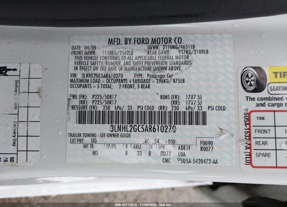 2010 LINCOLN MKZ VIN: 3LNHL2GC5AR610270