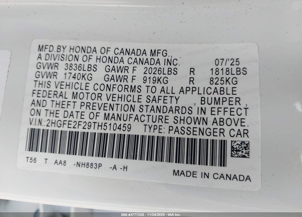 2026 HONDA CIVIC LX VIN: 2HGFE2F29TH510459
