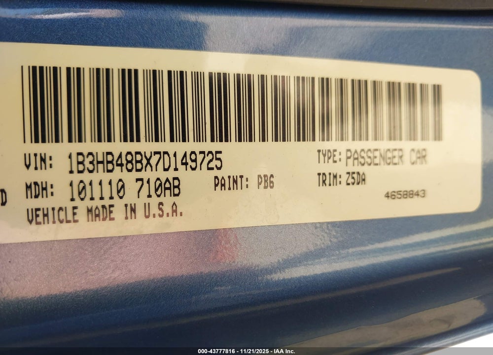 2007 DODGE CALIBER SXT VIN: 1B3HB48BX7D149725