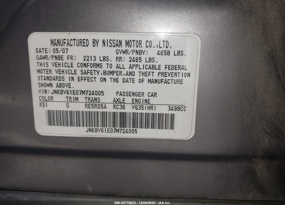 2007 INFINITI G35 JOURNEY VIN: JNKBV61E07M724005
