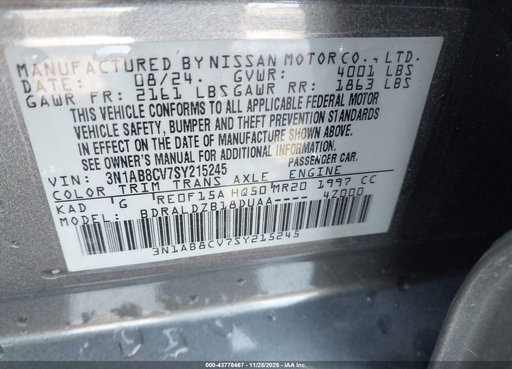2025 NISSAN SENTRA SV VIN: 3N1AB8CV7SY215245