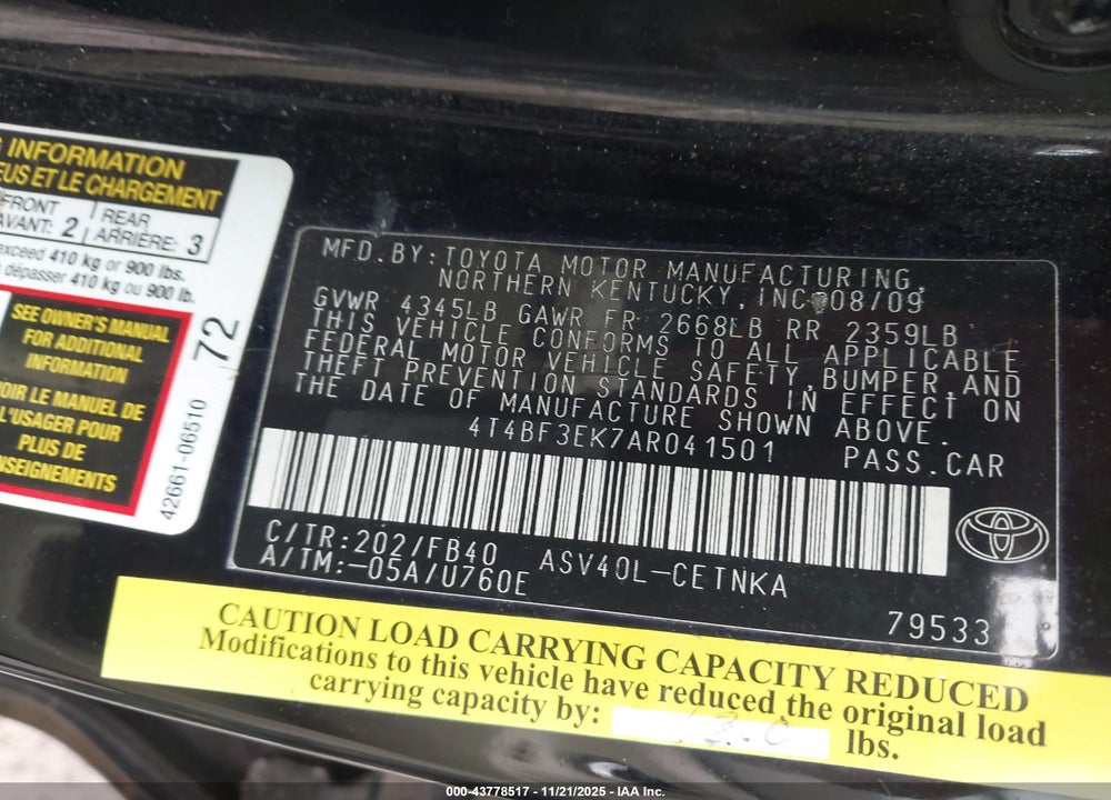 2010 TOYOTA CAMRY LE VIN: 4T4BF3EK7AR041501