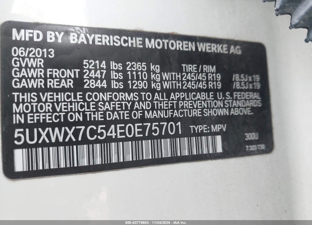 2014 BMW X3 XDRIVE35I VIN: 5UXWX7C54E0E75701