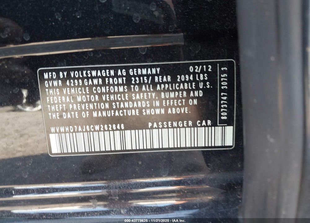 2012 VOLKSWAGEN GTI VIN: WVWHD7AJ6CW262646