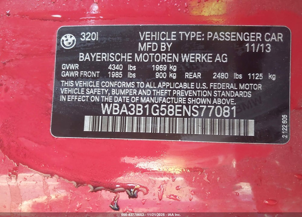 2014 BMW 320I VIN: WBA3B1G58ENS77081