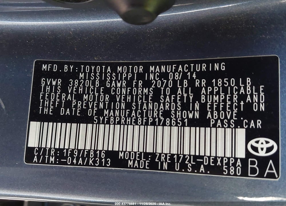 2015 TOYOTA COROLLA LE ECO PLUS VIN: 5YFBPRHE8FP178651