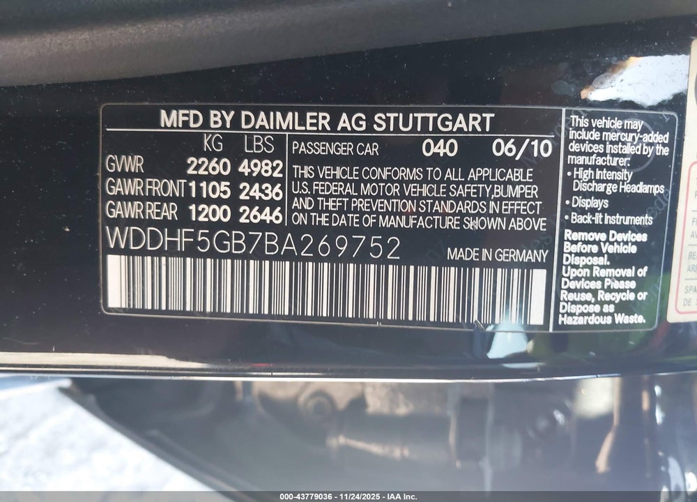 2011 MERCEDES-BENZ E 350 VIN: WDDHF5GB7BA269752