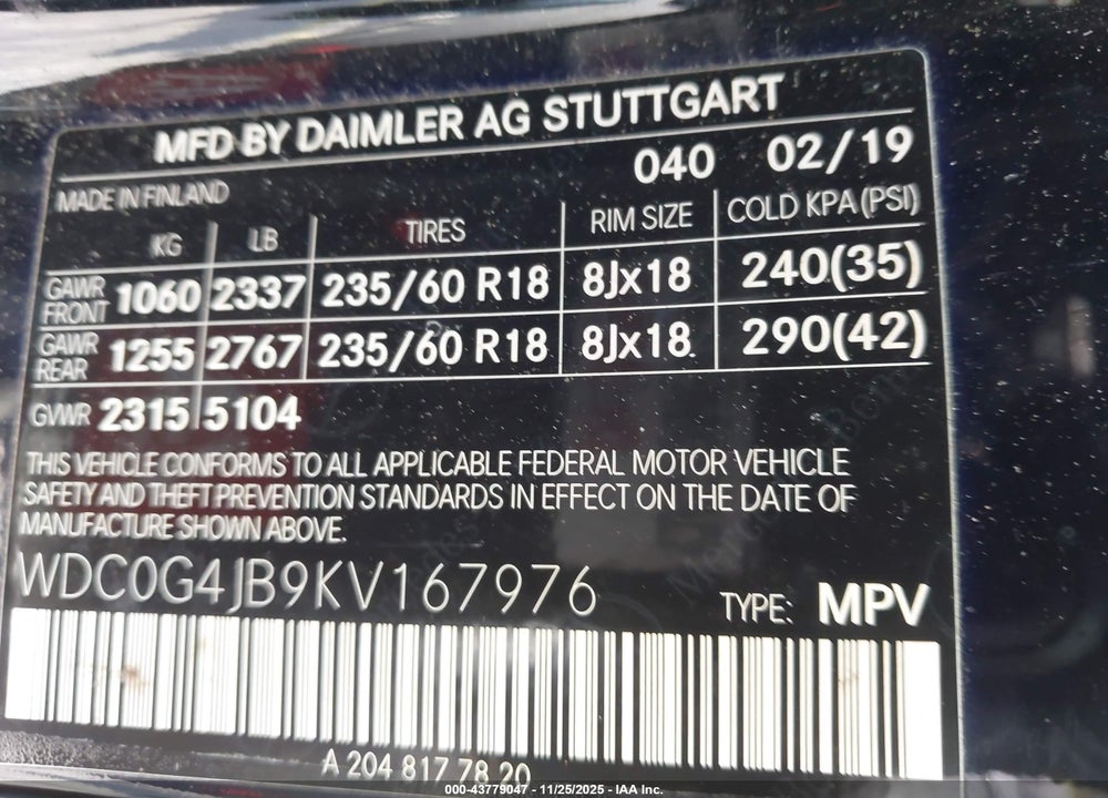 2019 MERCEDES-BENZ GLC 300 VIN: WDC0G4JB9KV167976