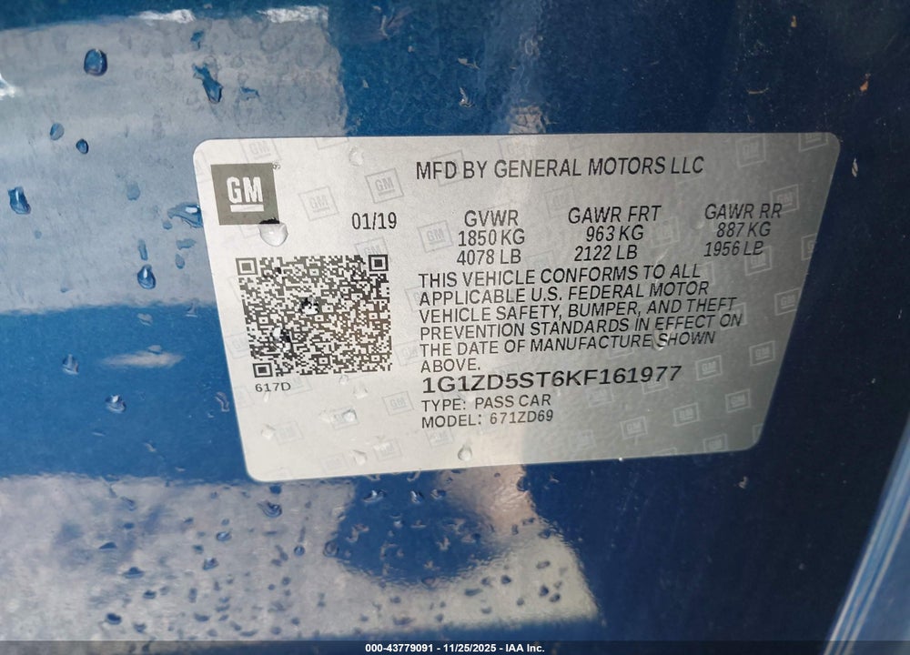 2019 CHEVROLET MALIBU LT VIN: 1G1ZD5ST6KF161977