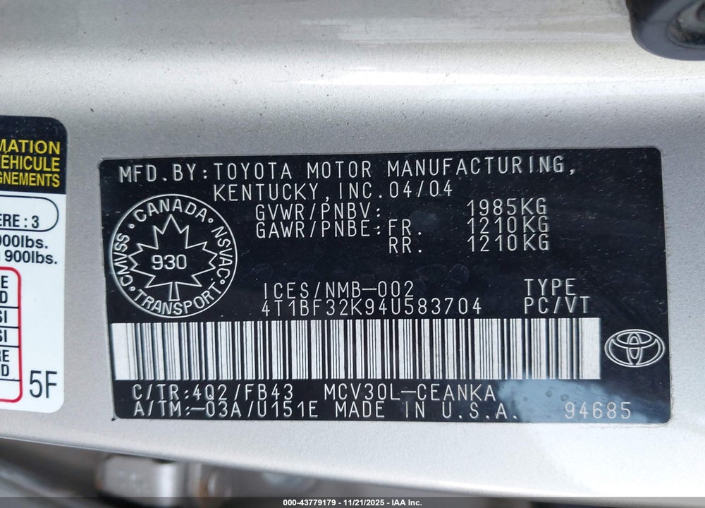 2004 TOYOTA CAMRY LE V6/XLE V6 VIN: 4T1BF32K94U583704