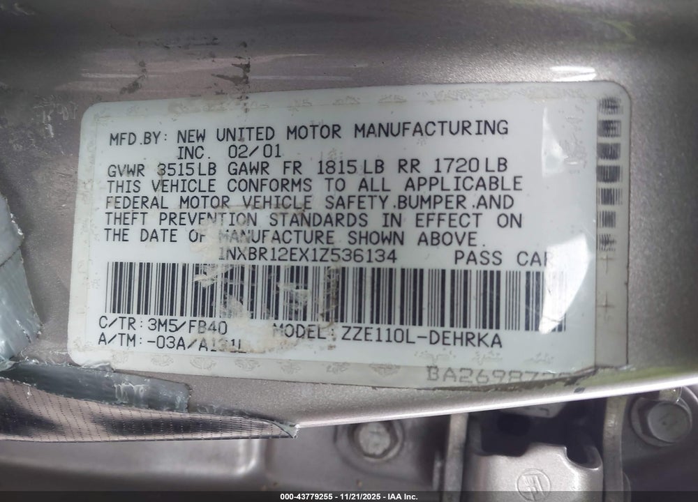 2001 TOYOTA COROLLA CE VIN: 1NXBR12EX1Z536134