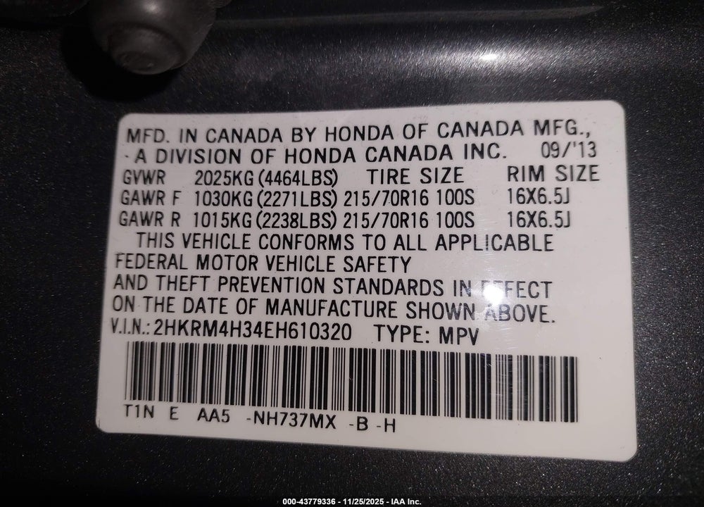 2014 HONDA CR-V LX VIN: 2HKRM4H34EH610320