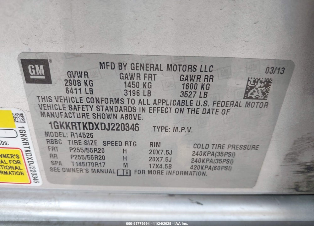 2013 GMC ACADIA DENALI VIN: 1GKKRTKDXDJ220346