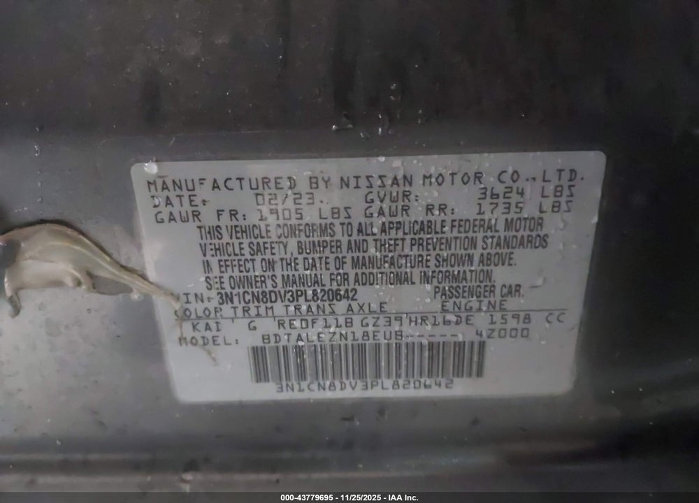 2023 NISSAN VERSA 1.6 S XTRONIC CVT VIN: 3N1CN8DV3PL820642
