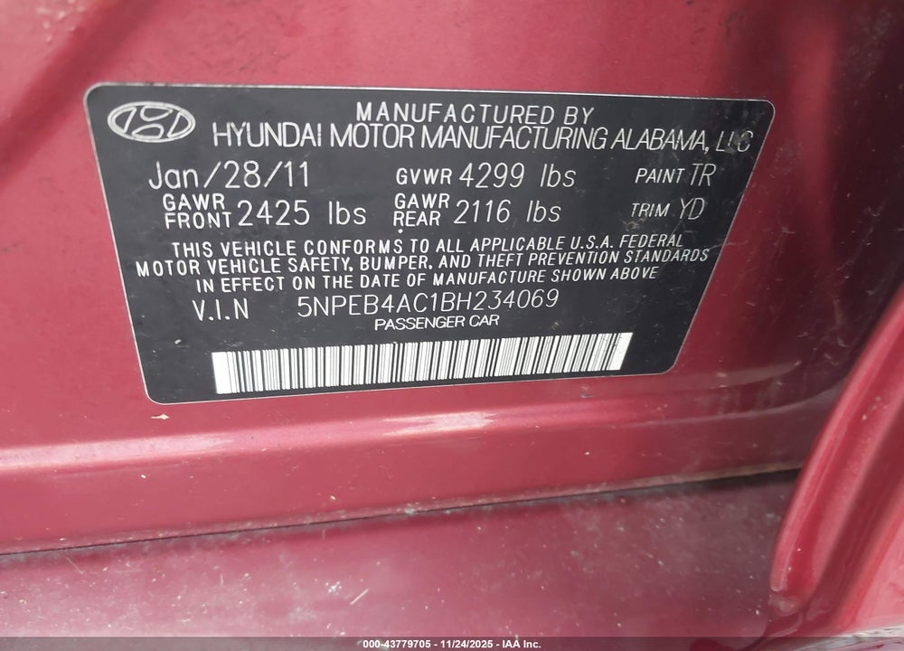 2011 HYUNDAI SONATA GLS VIN: 5NPEB4AC1BH234069