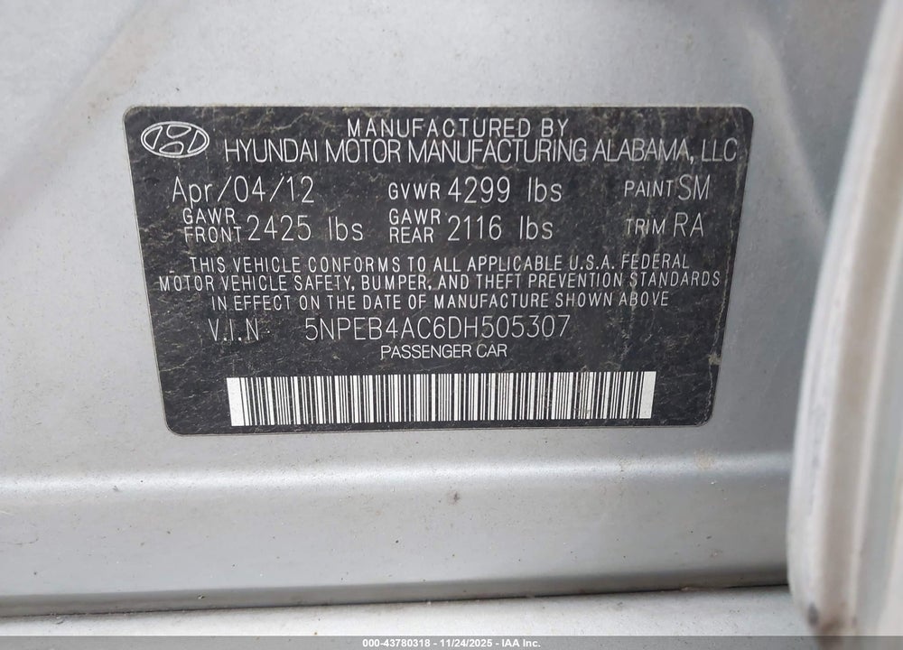 2013 HYUNDAI SONATA GLS VIN: 5NPEB4AC6DH505307