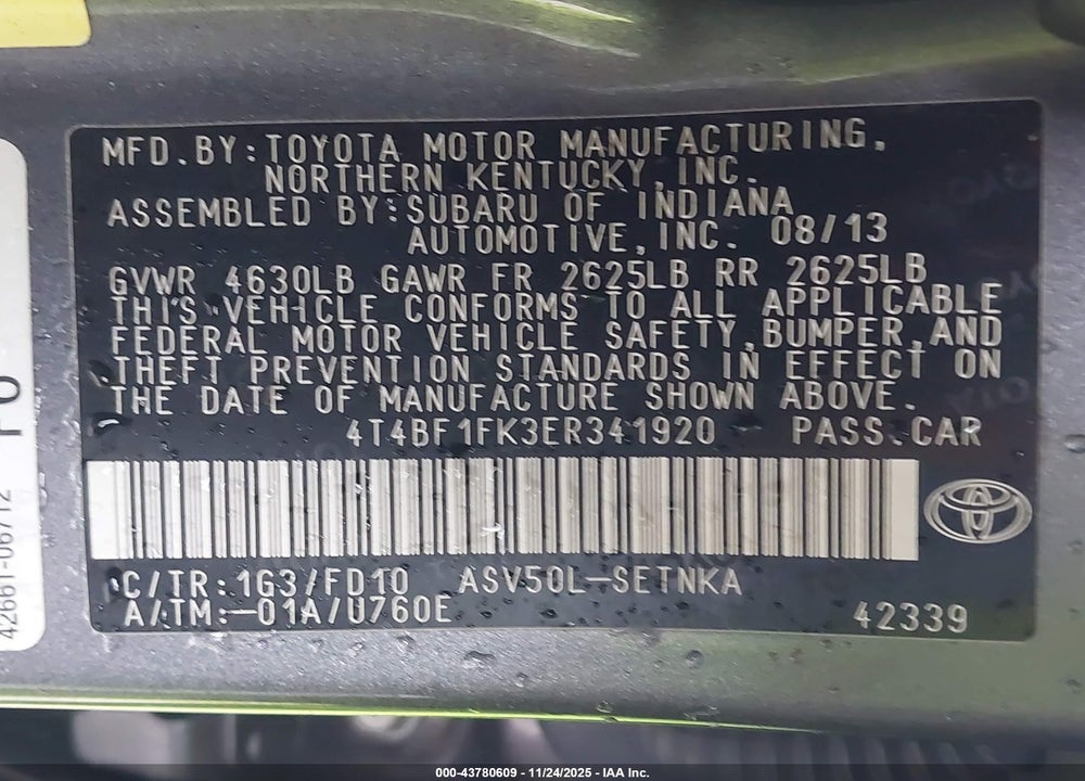2014 TOYOTA CAMRY LE VIN: 4T4BF1FK3ER341920