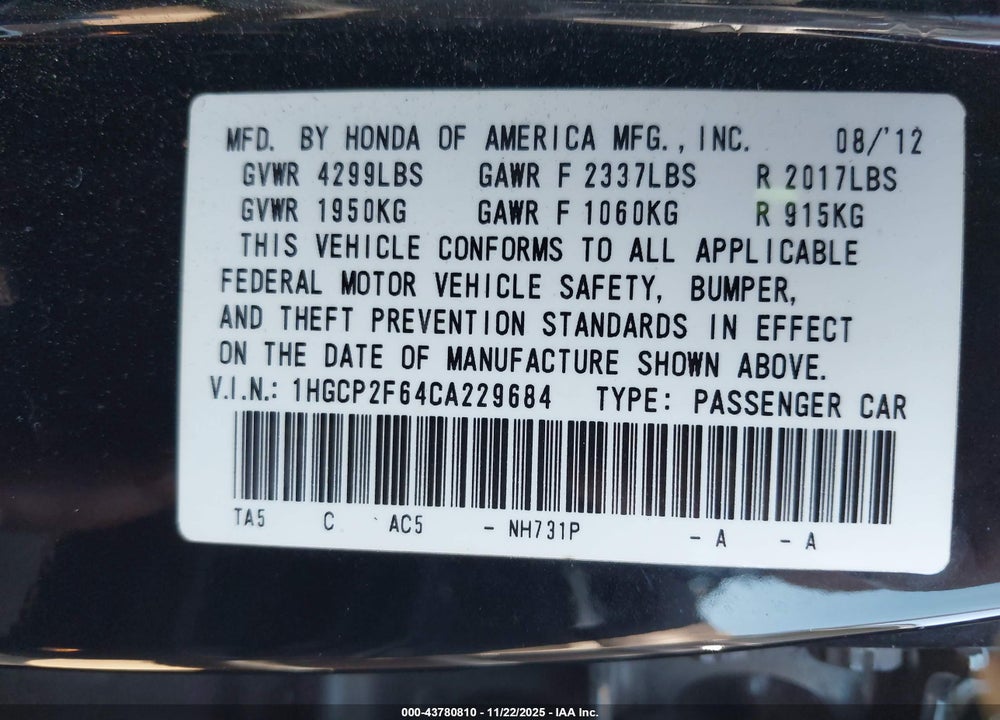 2012 HONDA ACCORD 2.4 SE VIN: 1HGCP2F64CA229684