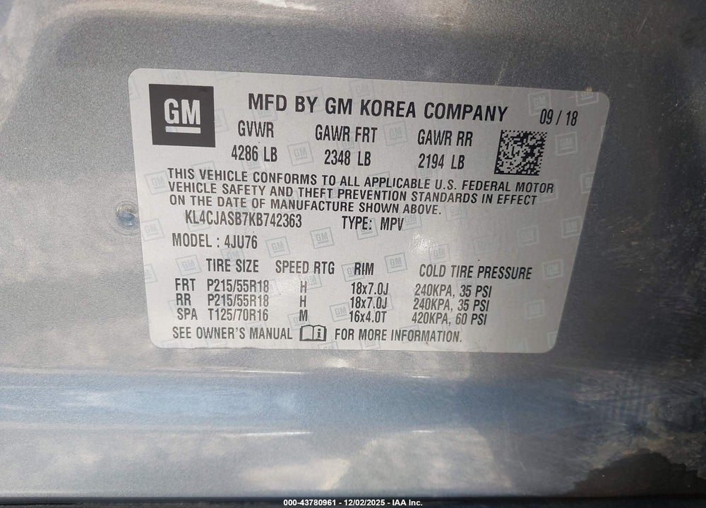 2019 BUICK ENCORE FWD PREFERRED VIN: KL4CJASB7KB742363