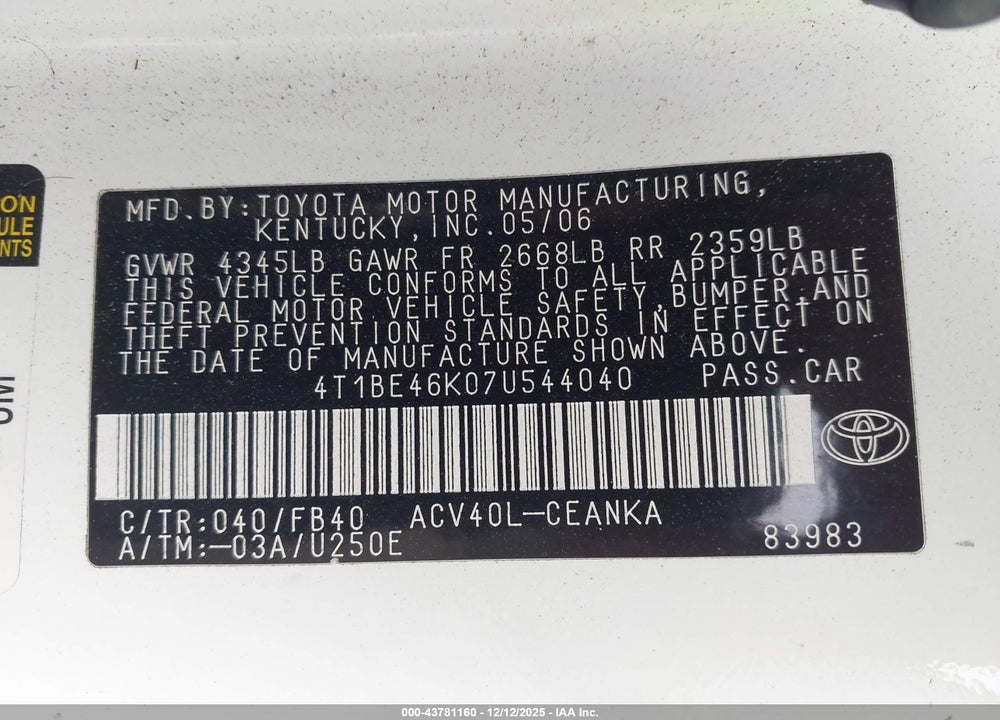 2007 TOYOTA CAMRY LE VIN: 4T1BE46K07U544040
