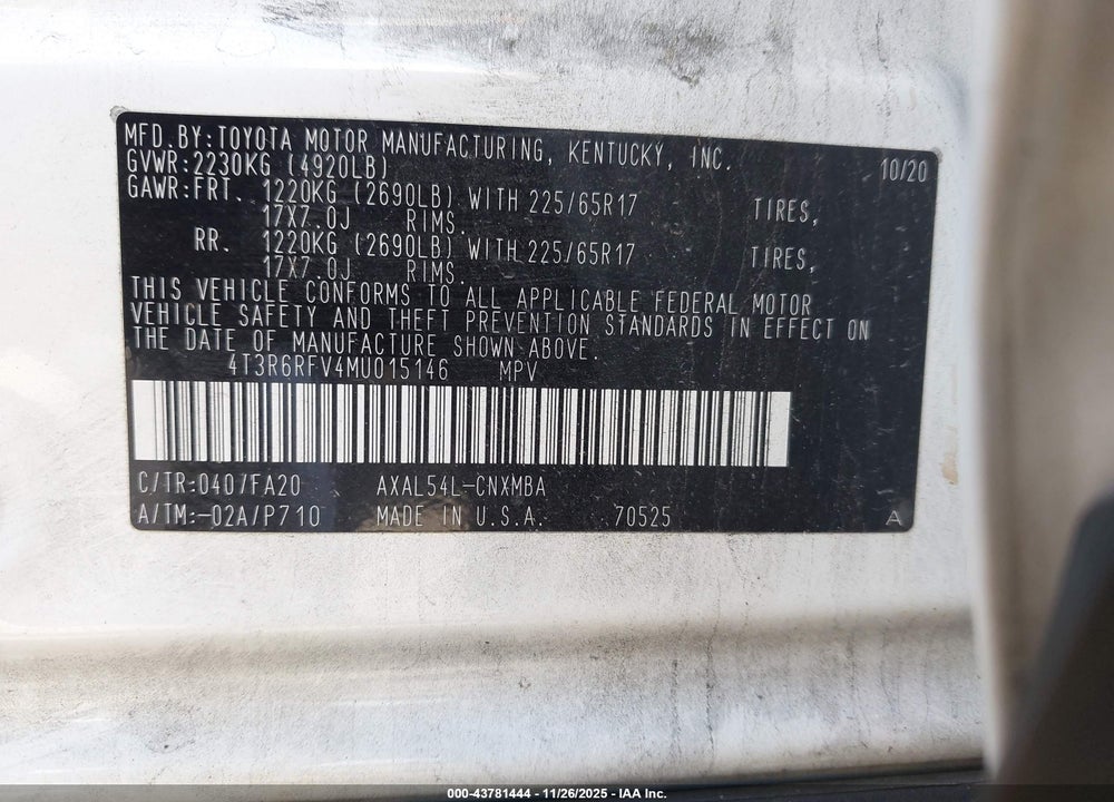 2021 TOYOTA RAV4 HYBRID XLE VIN: 4T3R6RFV4MU015146