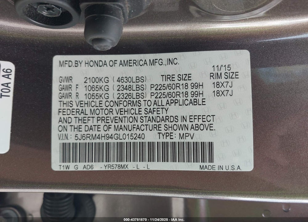 2016 HONDA CR-V TOURING VIN: 5J6RM4H94GL015240