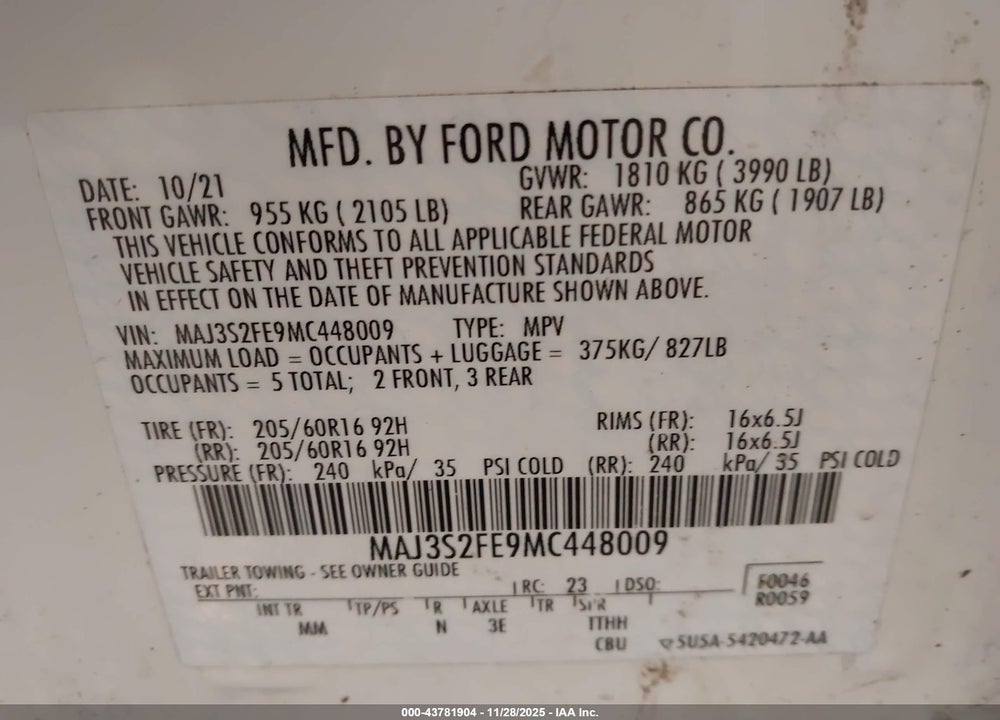 2021 FORD ECOSPORT S VIN: MAJ3S2FE9MC448009