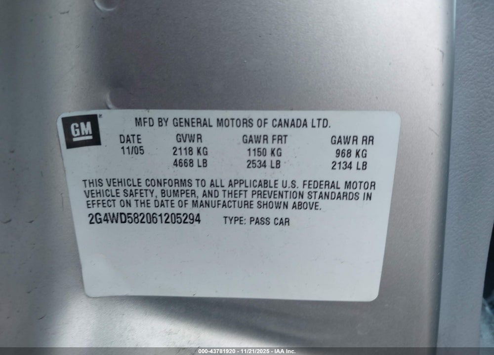 2006 BUICK LACROSSE CXL VIN: 2G4WD582061205294