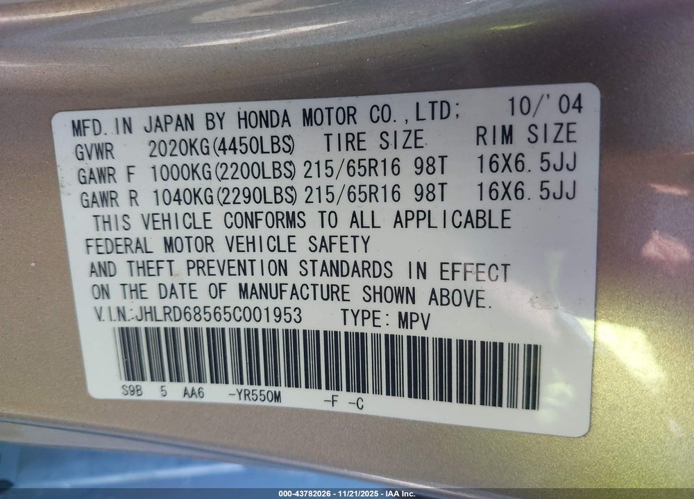 2005 HONDA CR-V LX VIN: JHLRD68565C001953
