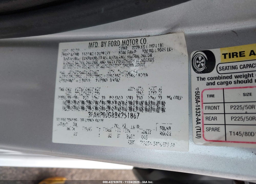 2011 FORD FUSION SEL VIN: 3FAHP0JG8BR251867