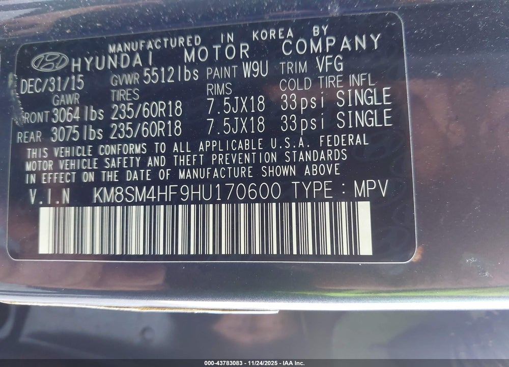 2017 HYUNDAI SANTA FE SE VIN: KM8SM4HF9HU170600