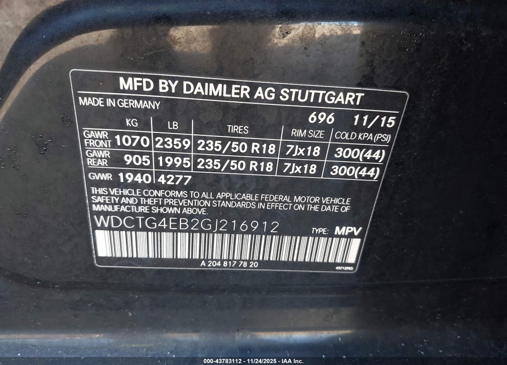 2016 MERCEDES-BENZ GLA 250 VIN: WDCTG4EB2GJ216912