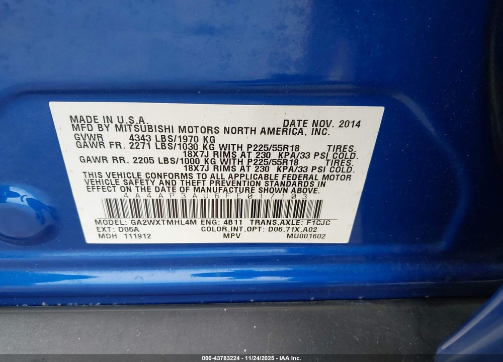 2015 MITSUBISHI OUTLANDER SPORT ES VIN: 4A4AP3AU6FE017103