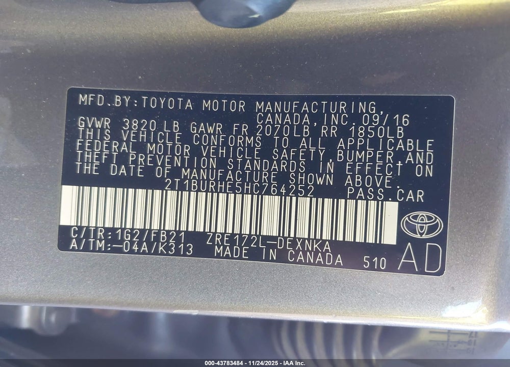 2017 TOYOTA COROLLA LE VIN: 2T1BURHE5HC764252