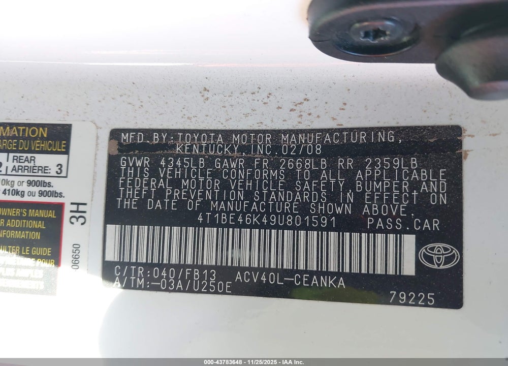 2009 TOYOTA CAMRY LE VIN: 4T1BE46K49U801591