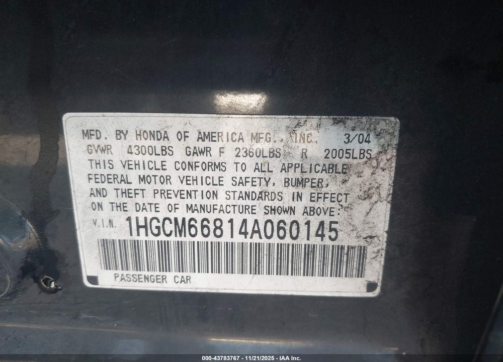 2004 HONDA ACCORD 3.0 EX VIN: 1HGCM66814A060145