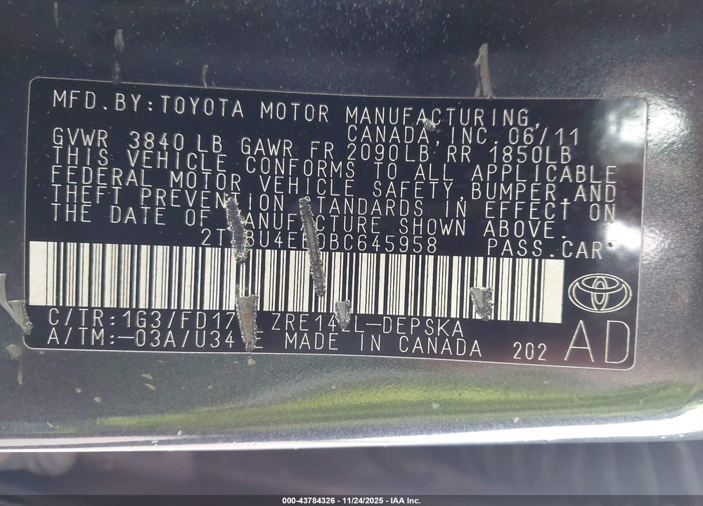 2011 TOYOTA COROLLA S VIN: 2T1BU4EE0BC645958