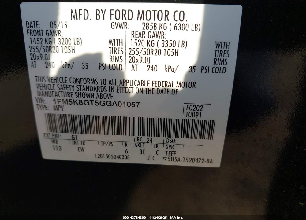 2016 FORD EXPLORER SPORT VIN: 1FM5K8GT5GGA01057